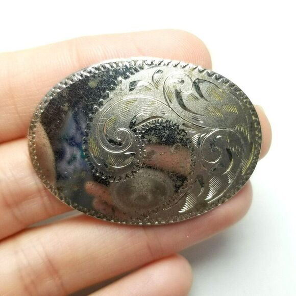 Vintage Sterling Silver Oval Brooch, Scroll Etched Design, Minimal Unisex Estate - Picture 1 of 6